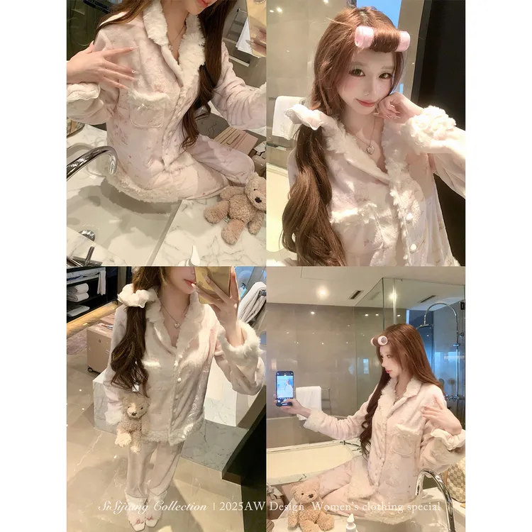 SISI JIANG“宅系甜梦”秋冬温柔氛围感甜美加绒双色精致睡衣