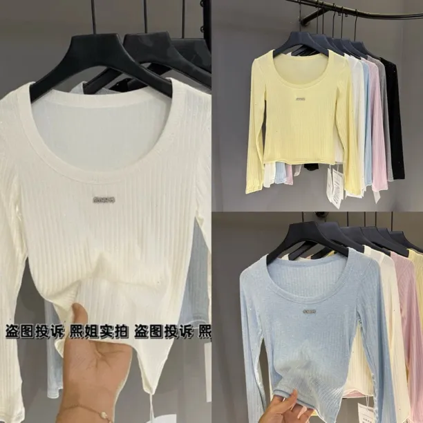 亮闪闪字母钻打底衫女长袖秋新款设计感洋气小众修身内搭T恤389#