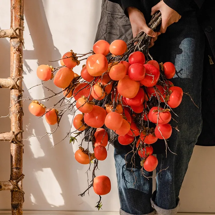 柿柿如意摆件仿真柿子果实树枝假花摆件客厅玄关装饰摆设插花花束