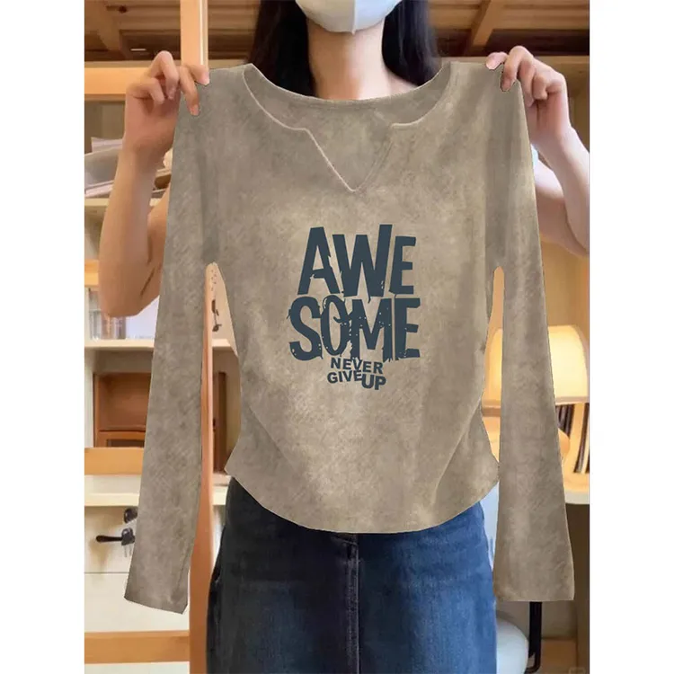 小众设计感正肩V领卡其色长袖t恤女秋季2025新款洋气收腰修身上衣
