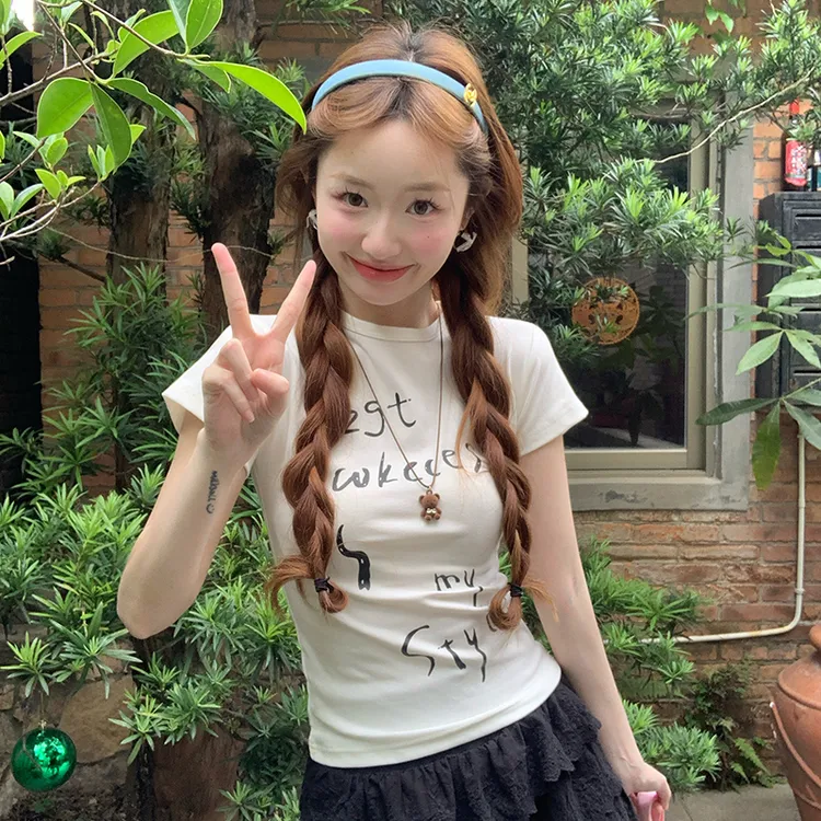美式复古白色正肩字母短袖t恤女夏季修身显瘦休闲百搭气质上衣潮