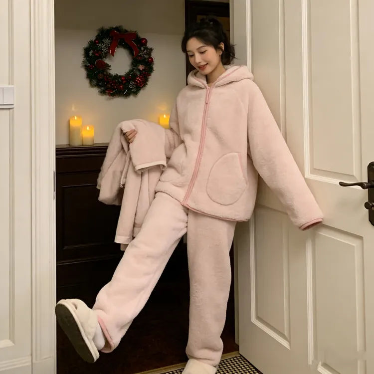 【达人】冬季睡衣女北羔绒可外穿套装加厚加绒爆款大码纯色家居服