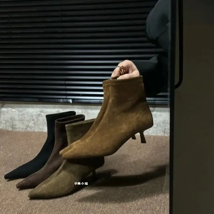 2025秋冬新款法式气质尖头绒面高跟短靴时尚百搭套筒弹力瘦瘦靴女