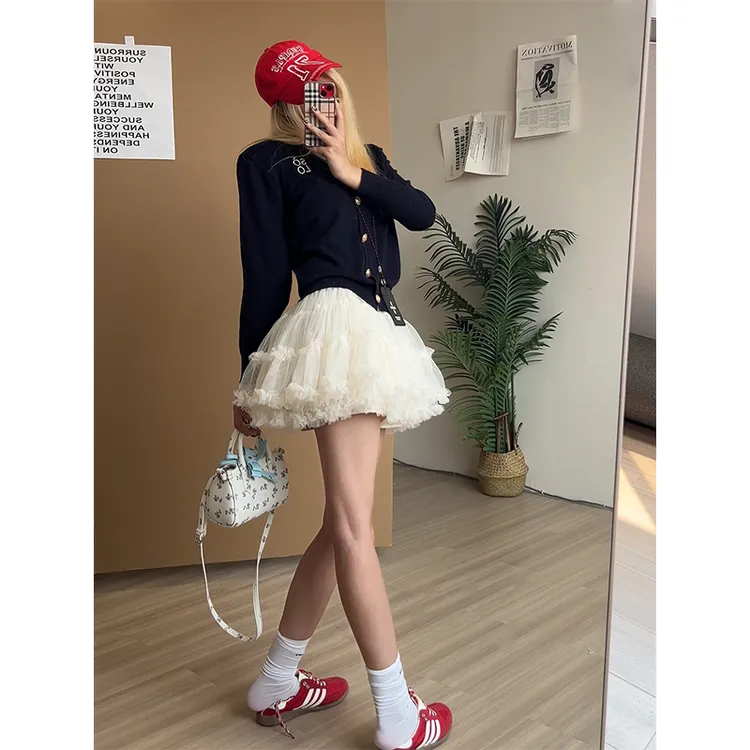 简约时尚通勤风气质修身长袖针织开衫高腰显瘦百搭小众蓬蓬短裙女