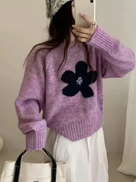 槦懒风秋提花刺绣针织衫女甜美2025新款韩系软糯毛衣圆领套头上衣
