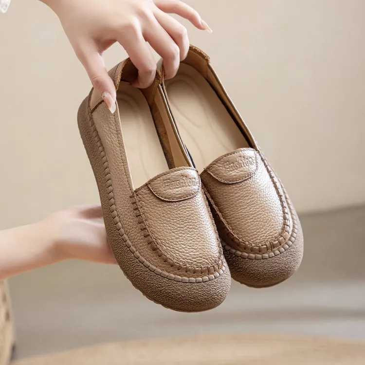 万达撤柜头层牛皮一脚蹬真皮软皮牛筋软底舒适超软中年女鞋妈妈鞋