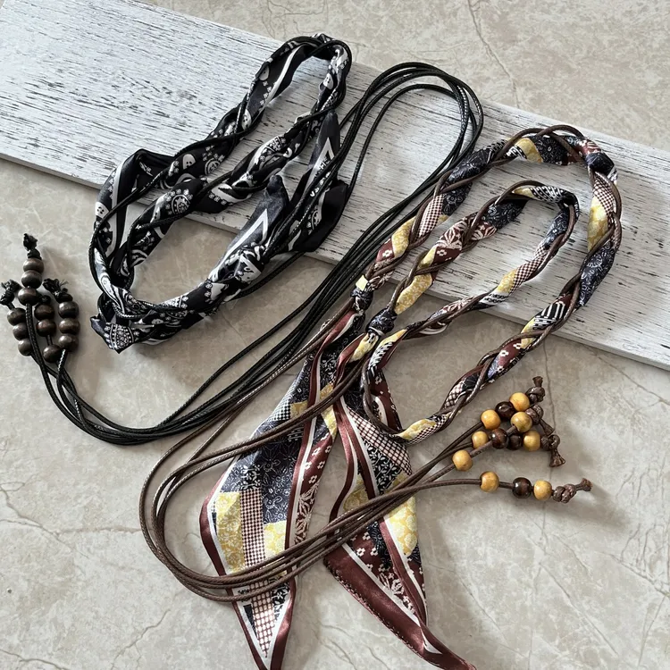 新款手工民族风复古黑咖色提花丝巾元素加皮绳牛仔裤腰带装饰绳子