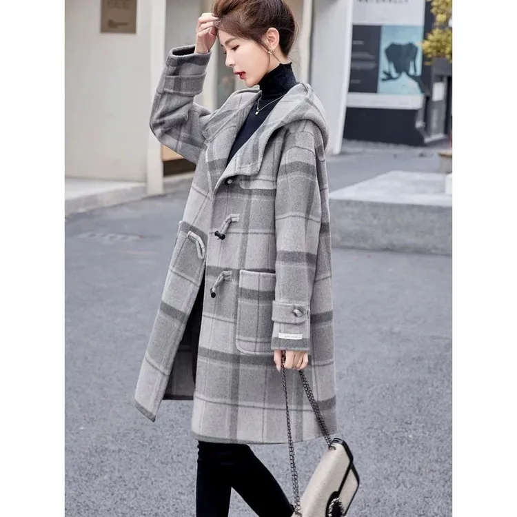 韩版牛角扣双面羊毛呢子大衣女2025新款秋冬季中长款连帽呢外套