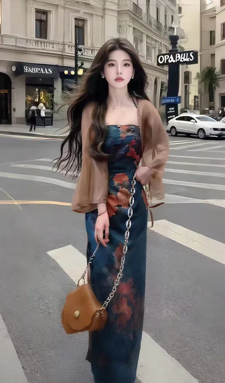 新款时尚温柔风撞色一字肩吊带修身收腰包臀长裙+棕色开衫两件套