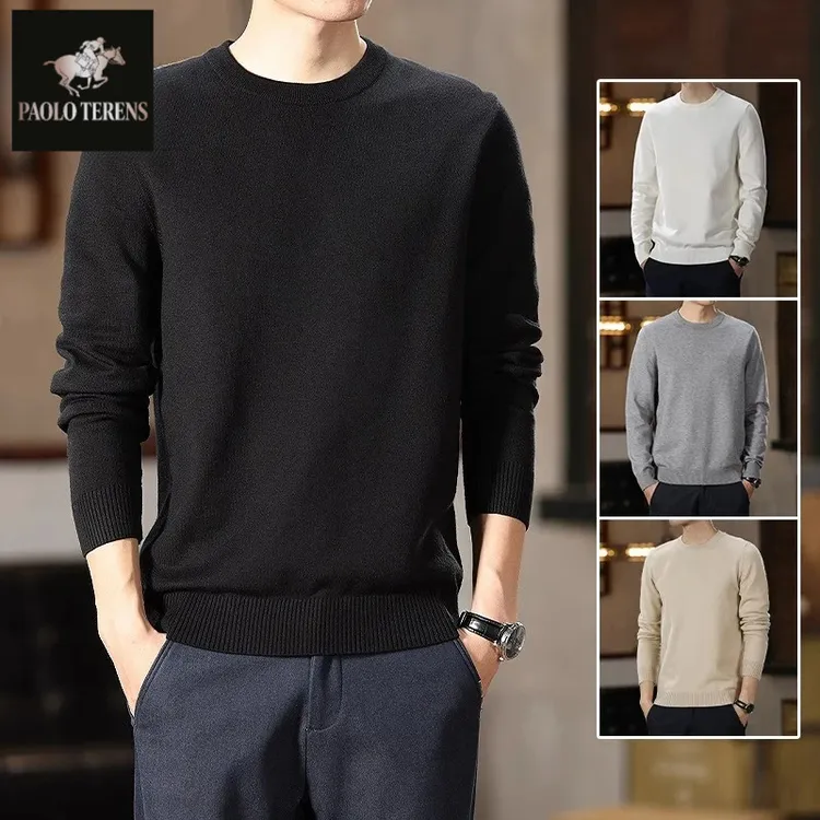 保罗秋季男士毛衣新款长袖上衣针织衫休闲圆领黑色加绒内搭打底衫