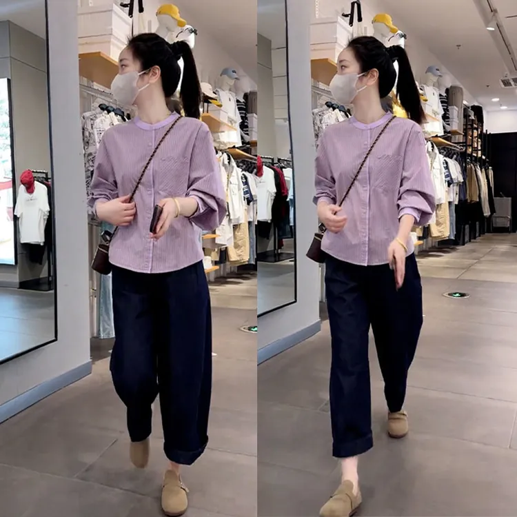 秋装穿搭一整套小个子盐系宽松条纹衬衫上衣九分休闲裤两件套装