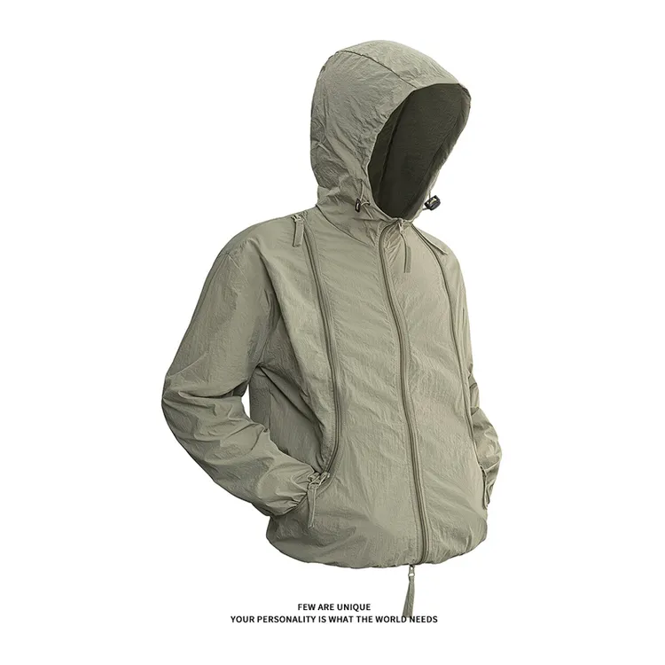 设计感双拉链薄款连帽防晒衣男夏季美式潮牌户外夹克山系透气外套