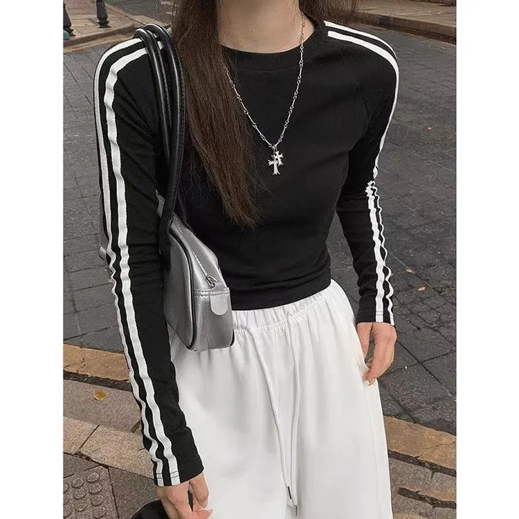 【现货+运险】三杠辣妹圆领T恤长袖秋冬新款早秋修身打底显瘦上衣