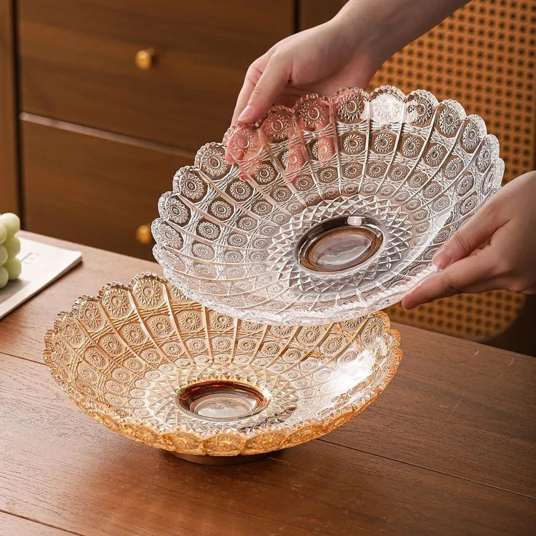 复古太阳花边轻奢玻璃水果盘客厅茶几高级感果盘家用零食盘糖果盘