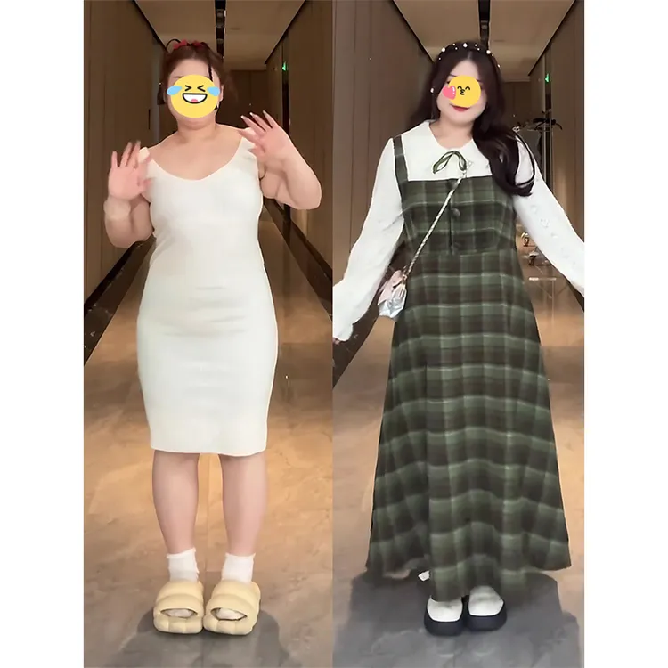 大码女装假两件连衣裙早秋新款胖MM遮肚显瘦梨形身材蕾丝裙子