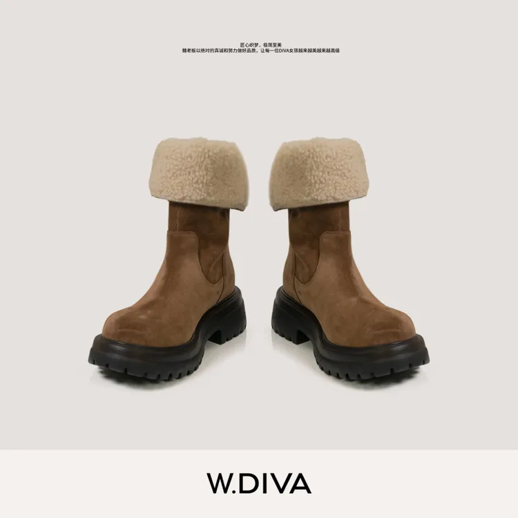 W.Diva【踏雪】冬季复古后拉链加绒厚底保暖牛反绒雪地靴54X303267