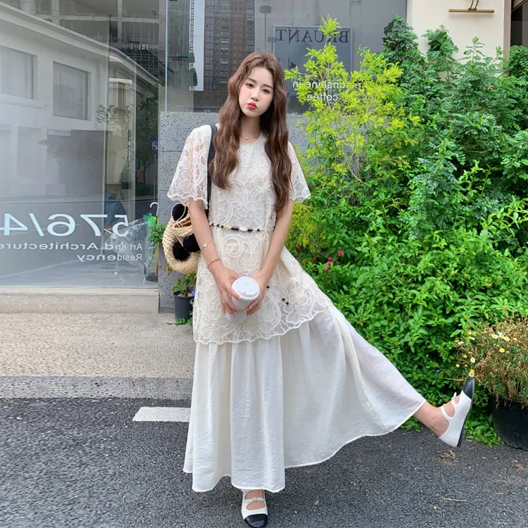 复古法式甜美蕾丝提花连衣裙2025夏季新款优雅气质假两件超仙裙子