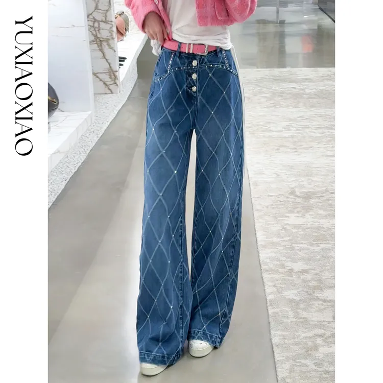 余潇潇【香调菱格】时尚经典高级复古菱格纹理烫钻宽松直筒牛仔裤