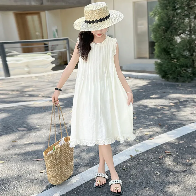 女童夏季花边连衣裙中大童洋气中长款无袖公主裙儿童韩版宽松裙子