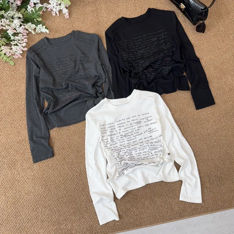 时尚秋冬流光风百搭印花字母圆领正肩打底衫亲肤舒适T恤长袖上衣