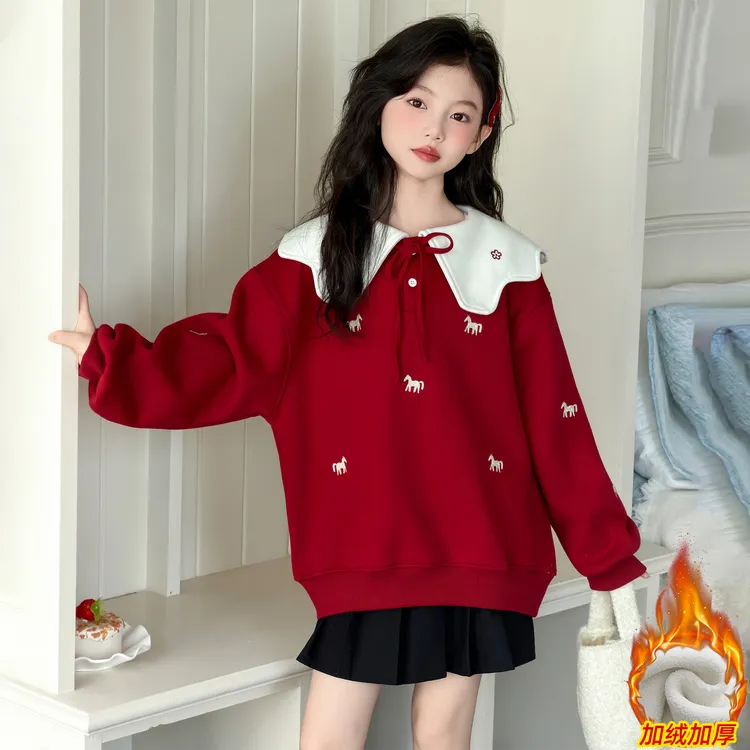 女童加绒卫衣冬装女大童翻领保暖上衣12岁女孩2026马年本命年衣服