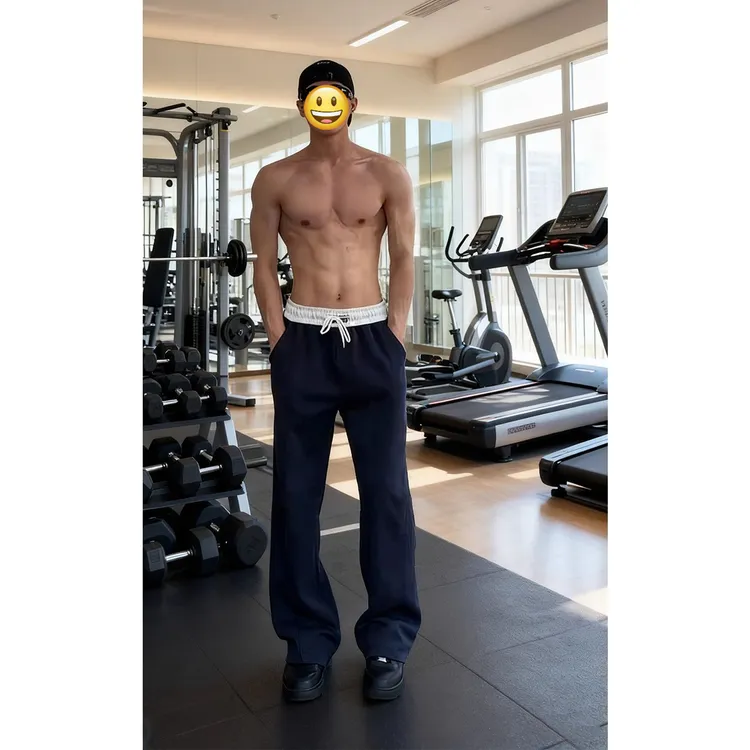 藏青色刺绣健身运动卫裤男款重磅微喇休闲裤cleanfit美式加绒裤子