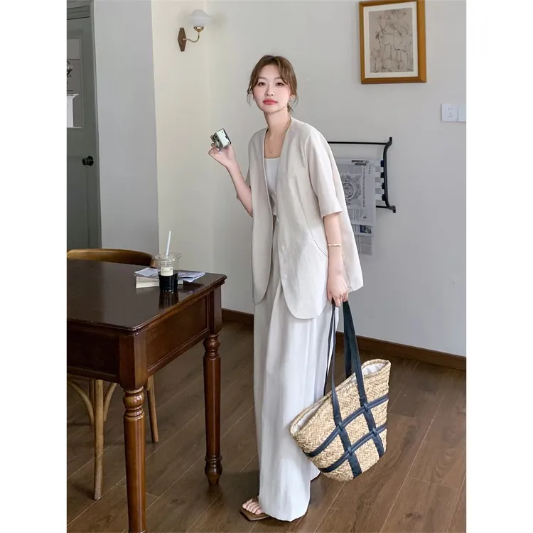 时尚韩系米白色西装阔腿裤套装女夏2025新款两件套大方得体高级感
