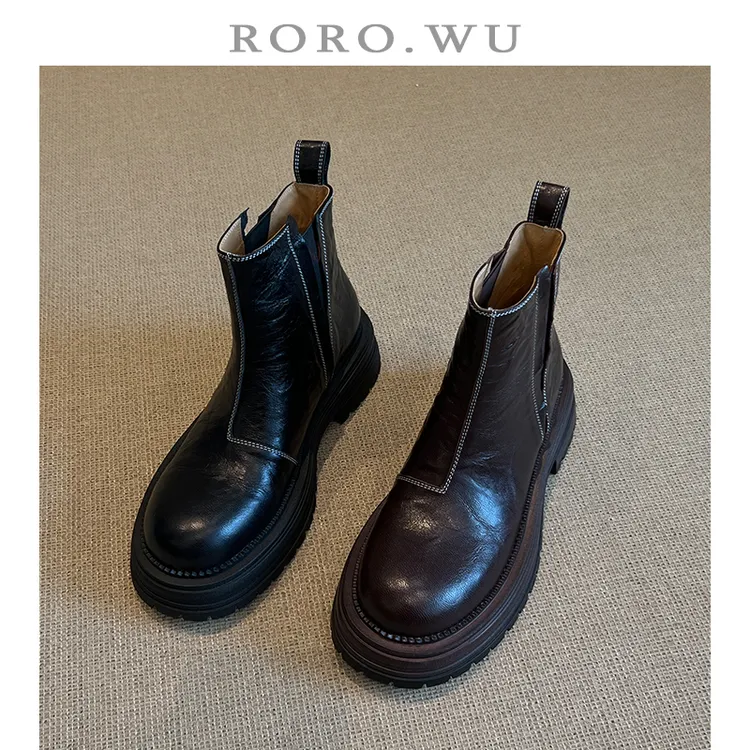 娆娆吴·手抓羊皮厚底小个子增高百搭复古秋冬新款烟筒靴X380