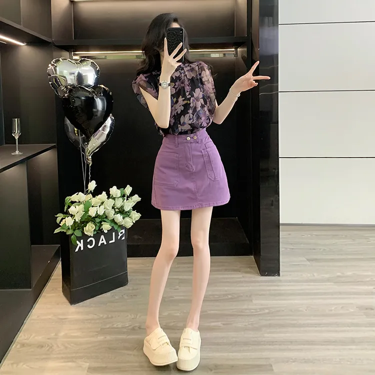 欧货雪纺无袖碎花衬衫女夏季时尚洋气减龄衬衣a字半身裙牛仔短裙