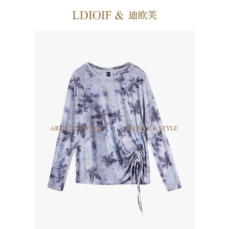 AN女装|蝶影晕染印花 /高弹冰丝网纱圆领长袖打底衫上衣#QSY18570