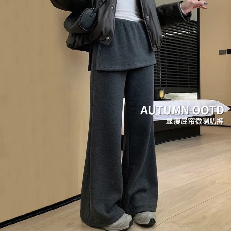 秋冬加绒韩国东大门假两件屁帘微喇叭裤女2025梨形身材显瘦休闲裤