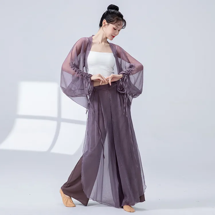 古典舞服女春夏飘逸系带蝙蝠袖开衫圆弧形下摆高腰阔腿裤裙瑜伽裤