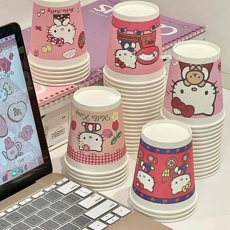 KT猫可爱纸杯节日家用聚会加厚高颜值简约小众风彩色一次性水杯