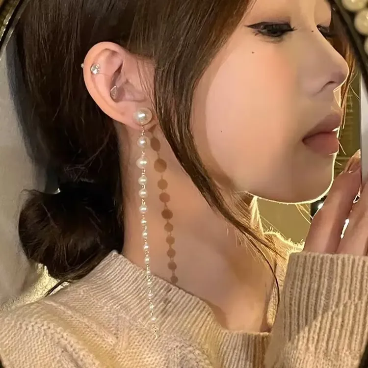 铜合金耳饰 气质美女~超仙长款仿珍珠耳环法式高级感显脸瘦耳饰女