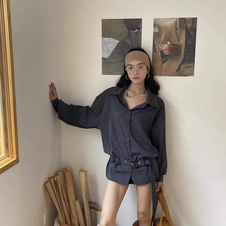 解构风条纹设计感牛仔衬衫小众长袖衬衣上衣送腰带痞帅炸街风女装