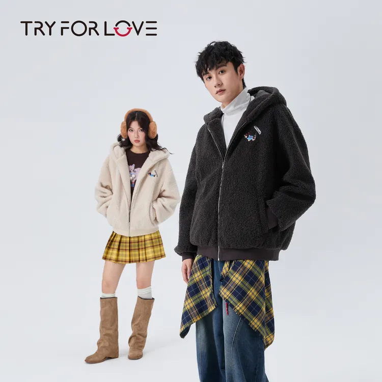 TRYFORLOVE情侣冬季新款外套加厚保暖简约百搭连帽款羊羔绒外套