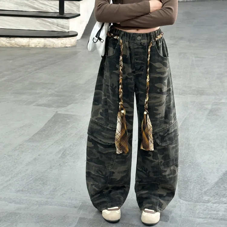 6-9-10-11-12岁女童迷彩裤儿童工装裤中大童阔腿弯刀裤春秋款潮酷
