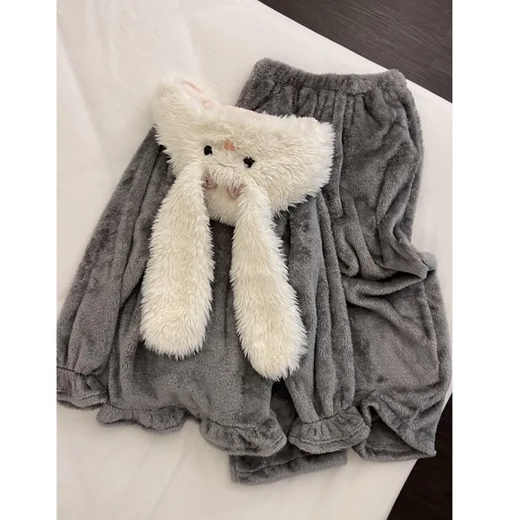 甜美少女兔子大耳朵连帽珊瑚绒长袖睡衣女秋冬新款大码家居服套装