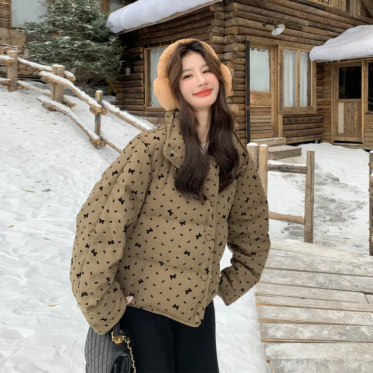 韩系风蝴蝶结印花羽绒服2025冬新款短款百搭学院风小众ins面包服