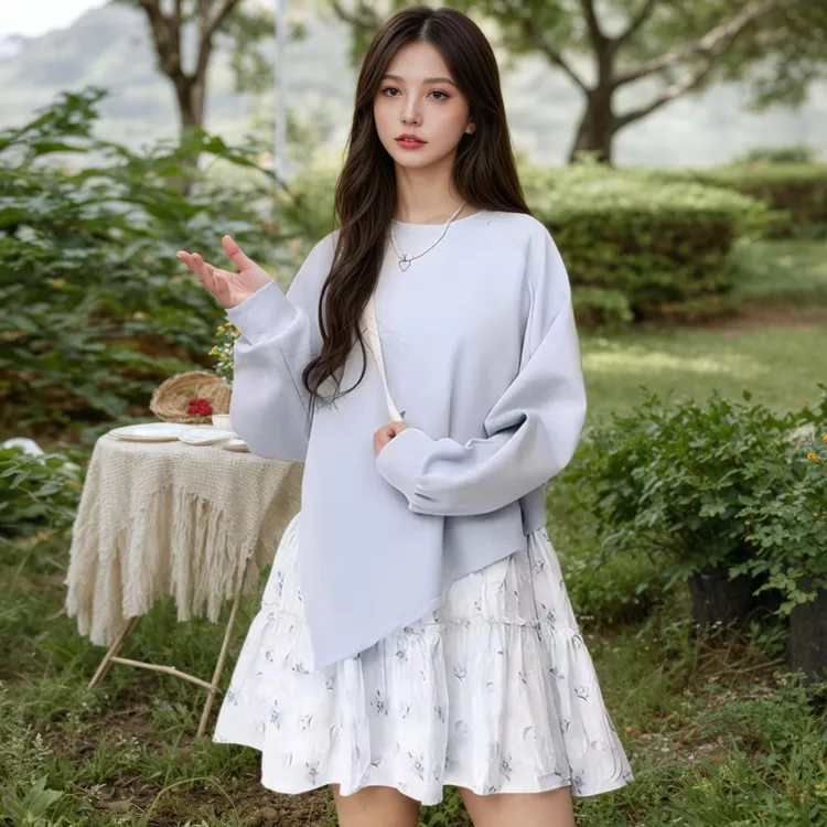 少女风设计感秋季碎花时尚拼接假两件长袖休闲宽松套头卫衣连衣裙
