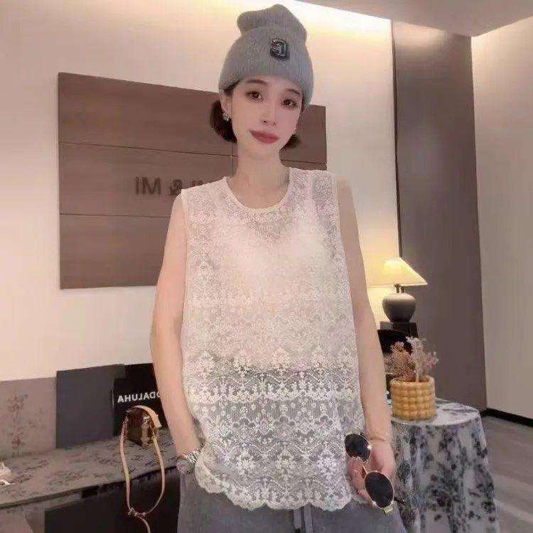 韩版时尚百搭重工女装轻奢风吊带韩版拼接时尚风宽松蕾丝背心无袖