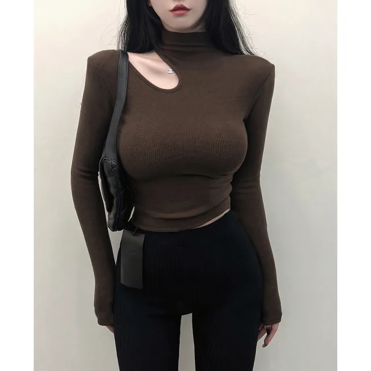 半高领镂空纯欲长袖上衣T恤女2025早秋新款设计感气质磨毛打底衫