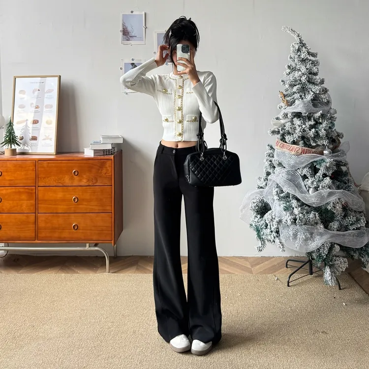 黑色加绒加厚微喇裤女高腰显瘦垂感长裤百搭通勤休闲西装裤