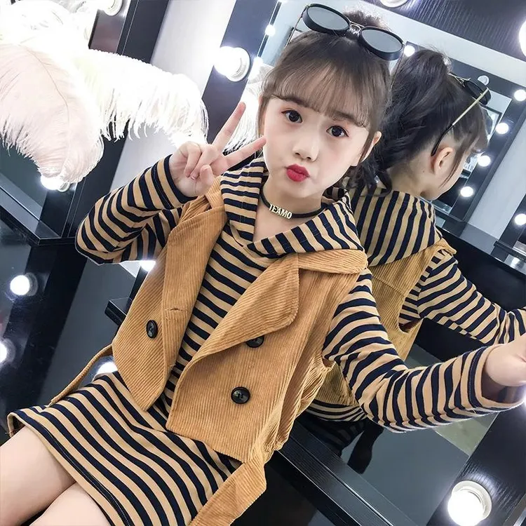 巴拉KIDS女童春装洋装儿童套装春秋款洋派女大童春秋马甲条纹裙子