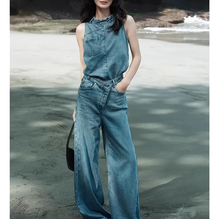 复古时髦港风高级感蓝色牛仔套装女圆领背心夏季无袖上衣阔腿长裤