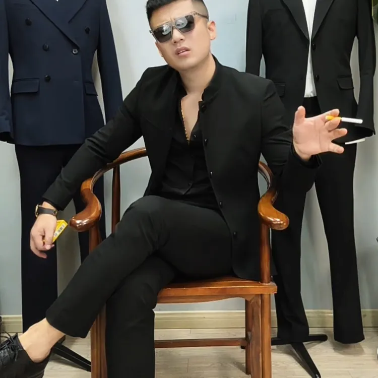Z660男士四季款中山装韩版修身弹力痞帅休闲西服