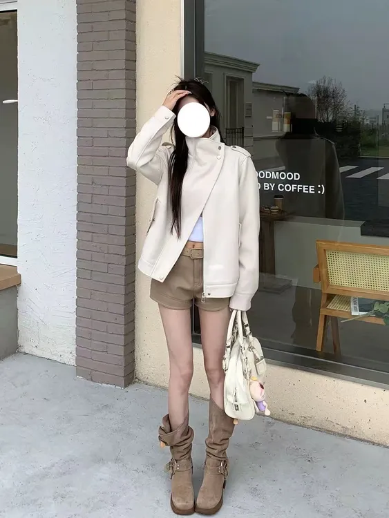 【波波专属】奶白色麂皮外套女高个子高级设计感机车风宽松夹克短外套AM25352