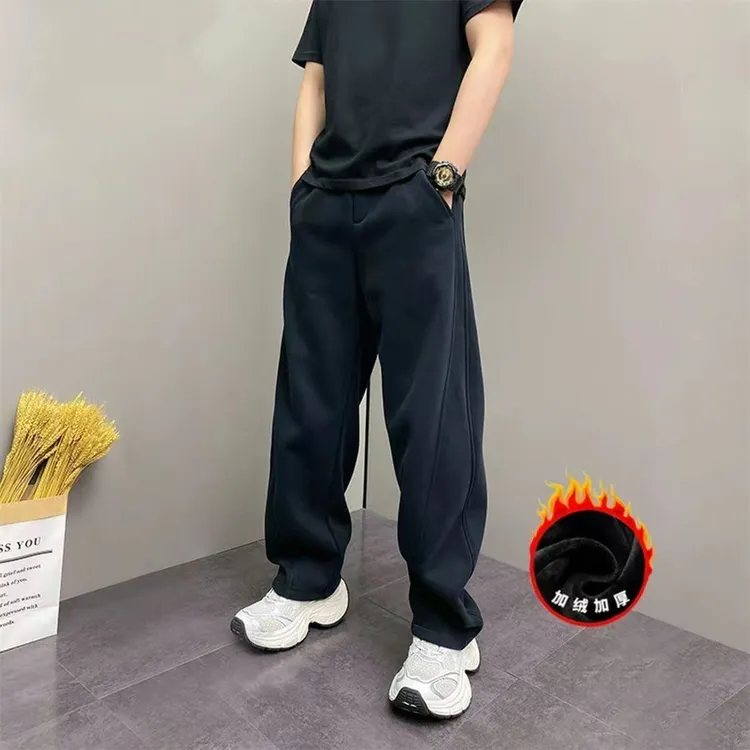 新款冬季加绒加厚简约百搭复古弯刀休闲裤宽松男士显瘦直筒运动裤