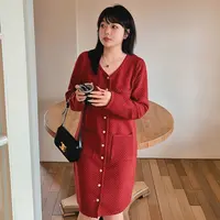 大码女装气质v领红色针织裙2024冬胖mm高级感名媛小香连衣裙22776