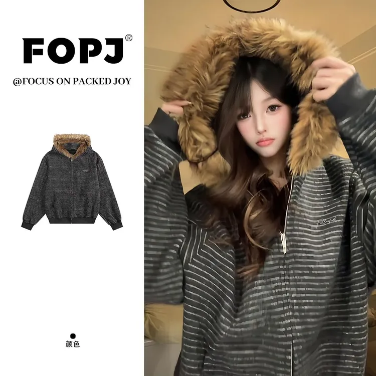 FOPJ秋冬毛领条纹连帽外套女韩版小个子学院风设计感加绒保暖上衣
